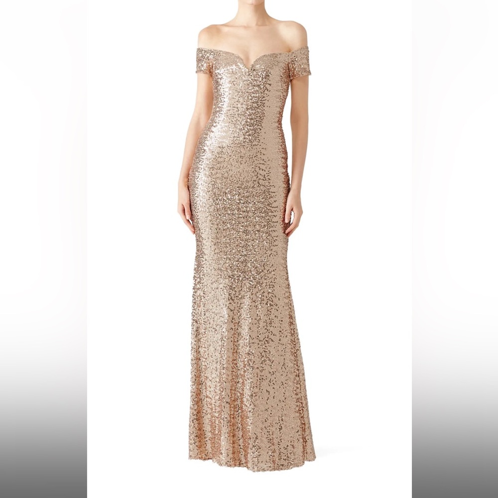 Badgley Mischka Off The Shoulder Stretch Blush Sequin Gown